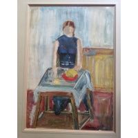 Kobieta za stołem - gwasz/papier - Hanna Rudzka Cybisowa